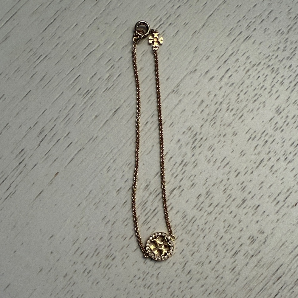 Tory Burch Gold Logo Disc Bracelet with Crystal Halo
